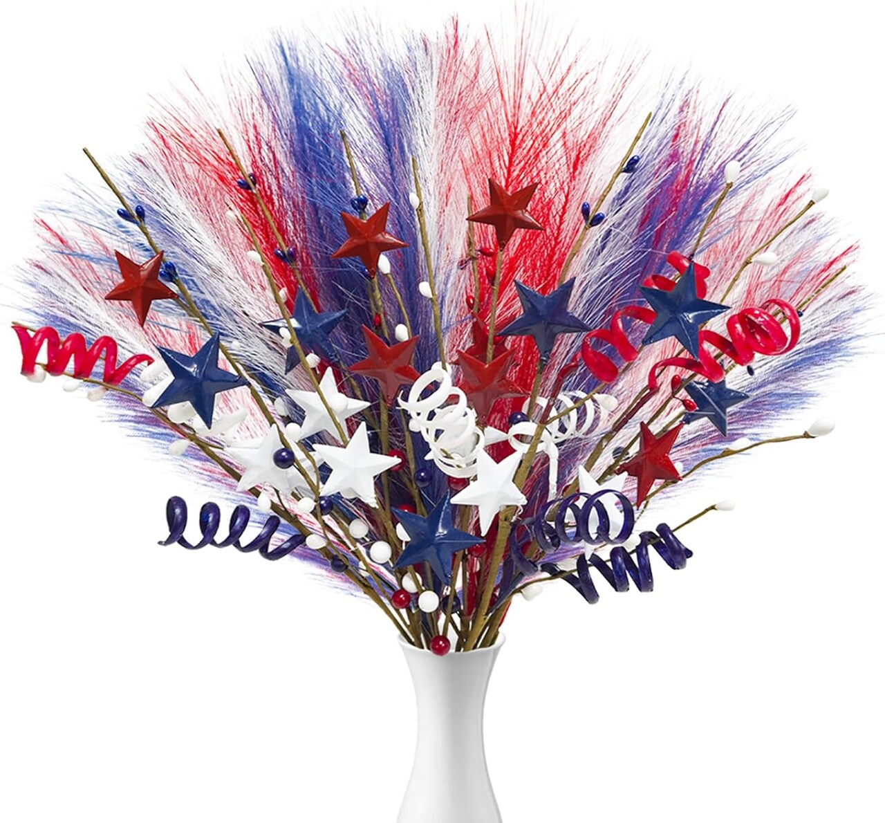 18 Pcs 4th of July Patriotic Decorations – Red, White & Blue Faux Floral Stems and Berry Picks with Star Accents for Independence Day & Memorial Day Party, Home, Office, and Vase Decor